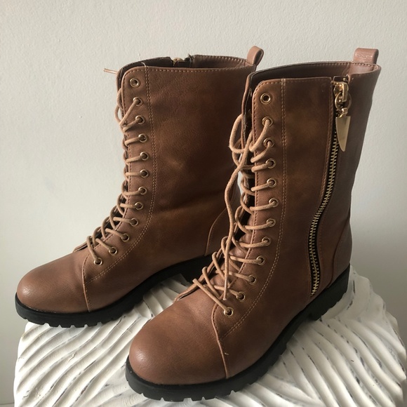 Seven7 Shoes - Seven7 Mr. Zipper Combat Boot Brown Motto Women 8 Side Zipper Lace Front